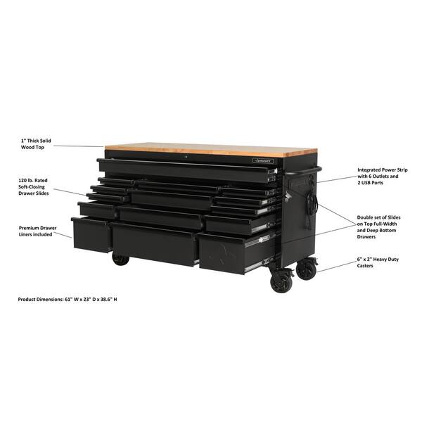 Husky 61 In. W X 23 In. D Heavy Duty 15-Drawer Mobile Workbench Tool Chest With Solid Wood Top In Matte Black