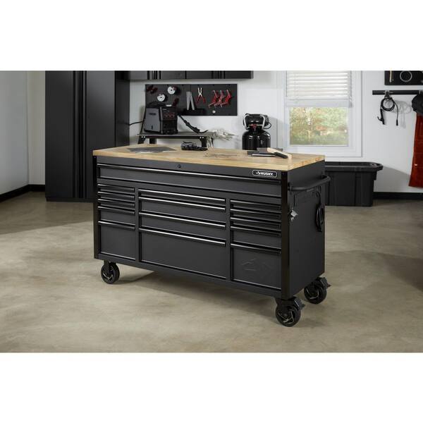 Husky 61 In. W X 23 In. D Heavy Duty 15-Drawer Mobile Workbench Tool Chest With Solid Wood Top In Matte Black