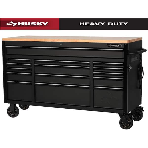 Husky 61 in. W x 23 in. D Heavy Duty 15-Drawer Mobile Workbench Tool Chest with Solid Wood Top in Matte Black