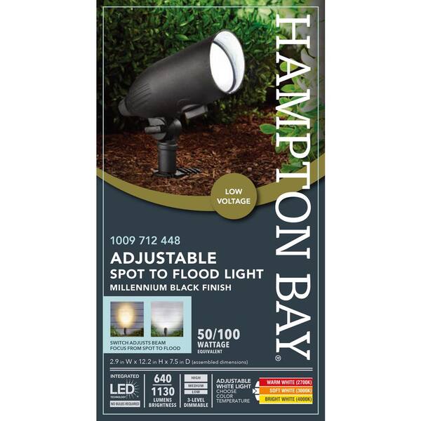 Hampton Bay 640/1130 Lumens Black Hardwired Low Voltage LED Adjustable Light Color Outdoor Spotlight Or Flood Light With Clear Lens