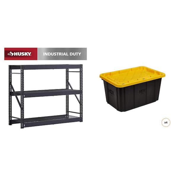 65 in. W 3-Shelf Black Metal Shelving Unit 27 Gal. Black and Yellow Storage Tote (4-Count) Combo 65 in. W 3-Shelf Black Metal Shelving Unit 27 Gal. Black and Yellow Storage Tote (4-Count) Combo