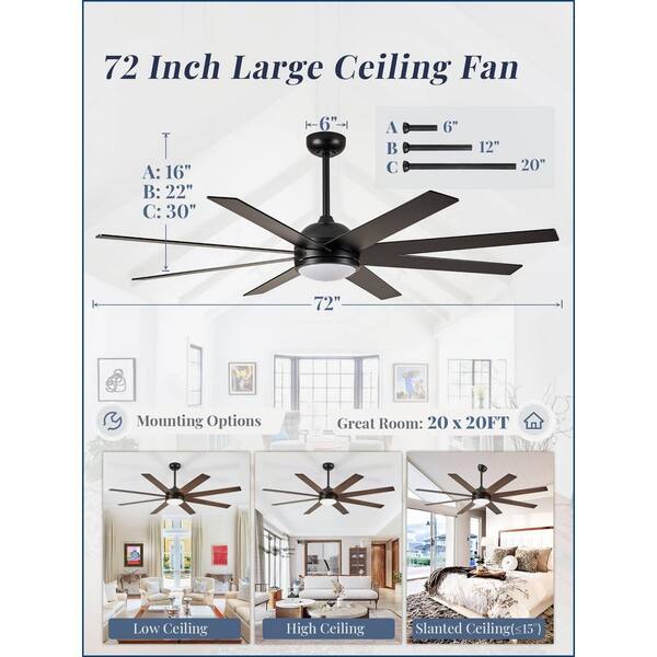 MOKSILED 72 In. Indoor/Outdoor Black Downrod/Angled Mount Ceiling Fan With Dual-Finish Blades And Light Kit And Remote Control