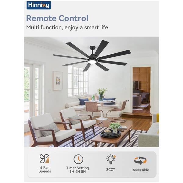 HINNIXY 72 In. Indoor/Outdoor Matte Black 3-Colors LED 6-Speeds Ceiling Fan With Dual-Finish Blades And Light And Remote