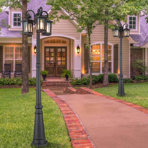 C Cattleya 76 In. 3-Light Black Outdoor Post Light With Clear Tempered Glass