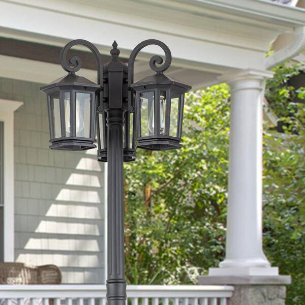 C Cattleya 76 In. 3-Light Black Outdoor Post Light With Clear Tempered Glass