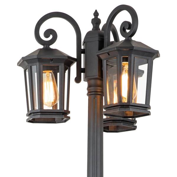 C Cattleya 76 In. 3-Light Black Outdoor Post Light With Clear Tempered Glass