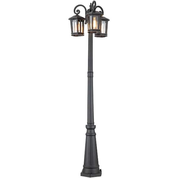 C Cattleya 76 in. 3-Light Black Outdoor Post Light with Clear Tempered Glass