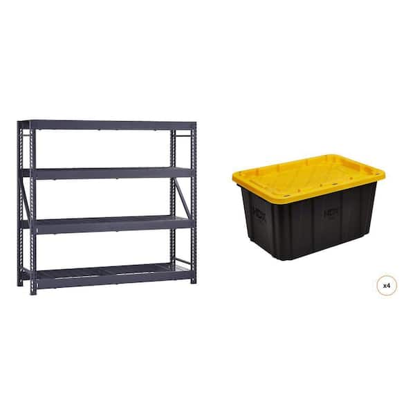 77 in. W 4-Shelf Black Metal Shelving Unit 27 Gal. Black and Yellow Storage Tote (4-Count) Combo