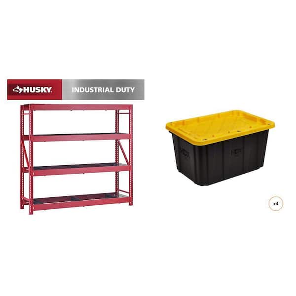 77 in. W 4-Shelf Red Metal Shelving Unit 27 Gal. Black and Yellow Storage Tote (4-Count) Combo