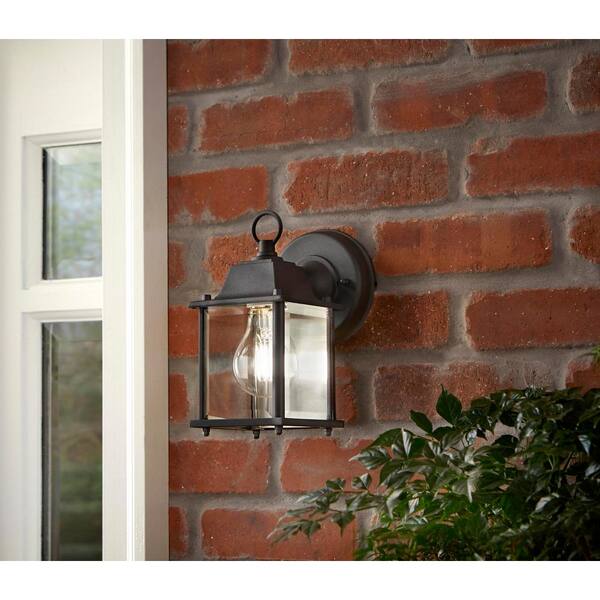 Hampton Bay 8.19 In. Black Decorative Hardwired Outdoor Wall Light Lantern Coach Sconce With Clear Glass Shade And No Bulb Included