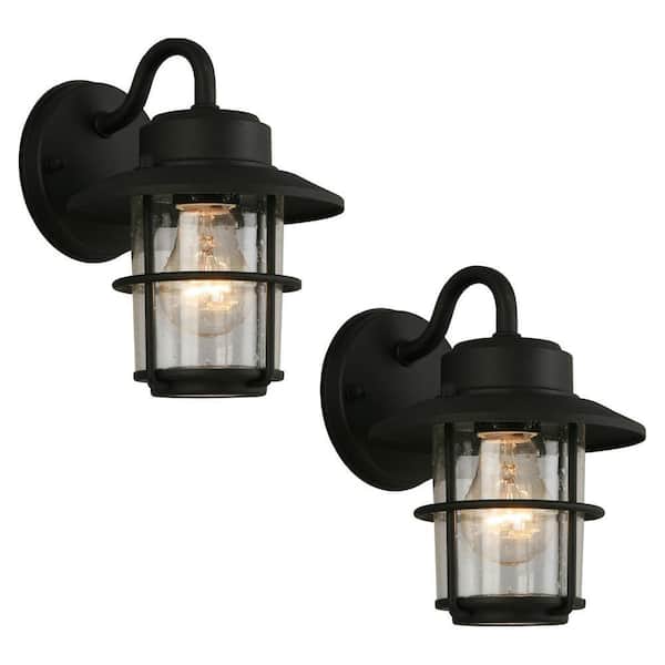 Hampton Bay 8.2 in. 1-Light Black Outdoor Wall Light Lantern Porch or Patio Sconce (2-Pack)
