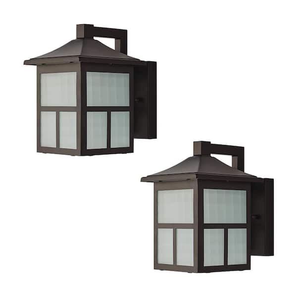 Hampton Bay 8 in. Black Integrated LED Hardwired Outdoor Wall Light Lantern Sconce Fixture with Frosted Textured Glass (2-Pack)