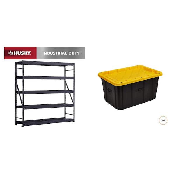 90 in. W 5-Shelf Black Metal Shelving Unit 27 Gal. Black and Yellow Storage Tote (4-Count) Combo