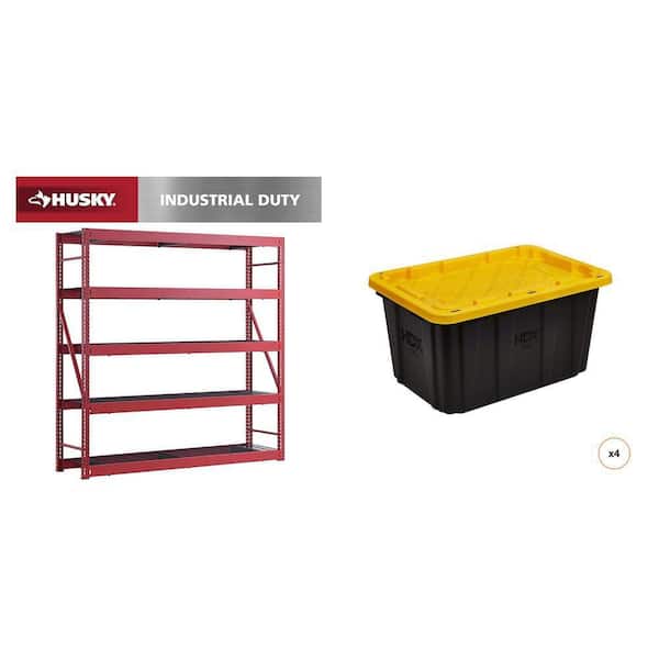 90 in. W 5-Shelf Red Metal Shelving Unit 27 Gal. Black and Yellow Storage Tote (4-Count) Combo