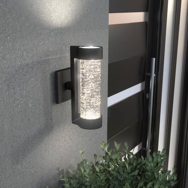 Home Decorators Collection Ansel 11.3 In. Black Modern Bubble Glass Integrated LED Hardwired Garage And Porch Exterior Wall-Light Cylinder Sconce