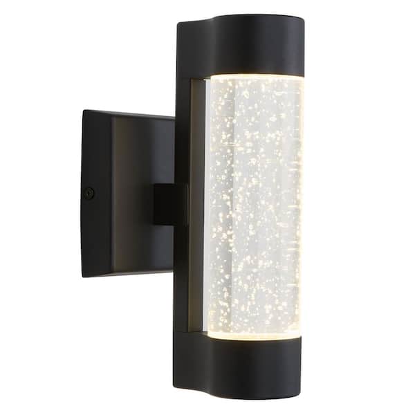 Home Decorators Collection Ansel 11.3 in. Black Modern Bubble Glass Integrated LED Hardwired Garage and Porch Exterior Wall-Light Cylinder Sconce