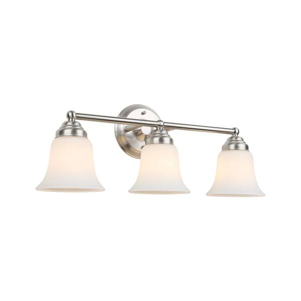 Hampton Bay Ashhurst 3-Light Brushed Nickel Classic Traditional Bathroom Vanity Light With Frosted Glass Shades