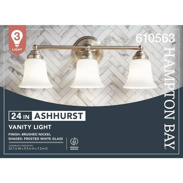 Hampton Bay Ashhurst 3-Light Brushed Nickel Classic Traditional Bathroom Vanity Light With Frosted Glass Shades
