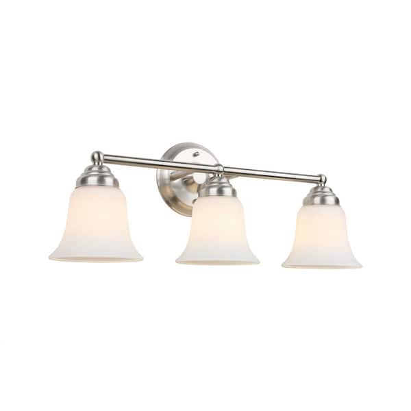 Hampton Bay Ashhurst 3-Light Brushed Nickel Classic Traditional Bathroom Vanity Light with Frosted Glass Shades