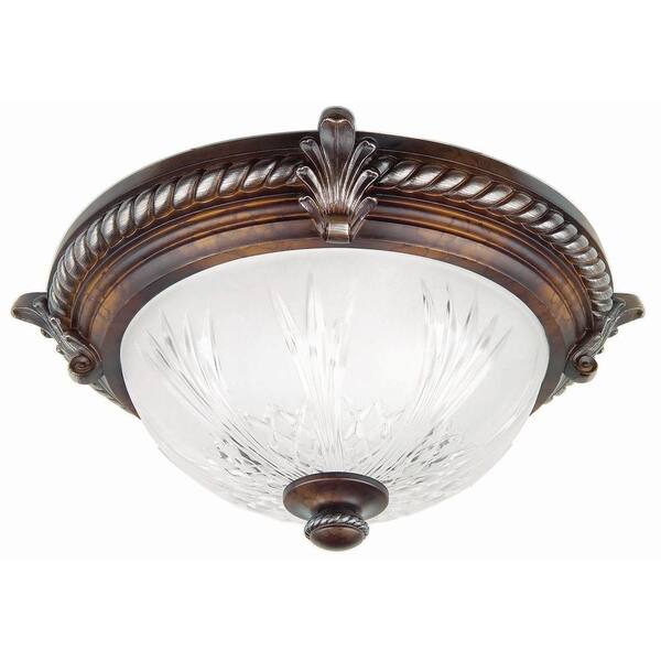 Hampton Bay Bercello Estates 15 In. Traditional 2-Light Volterra Bronze Dimmable Flush Mount Ceiling Light With Etched Glass Shade