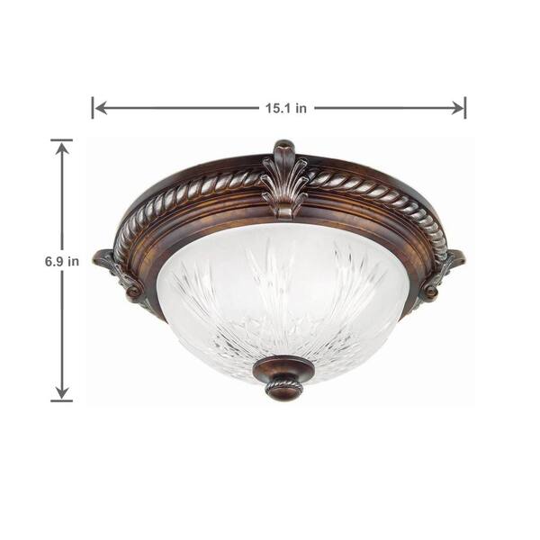 Hampton Bay Bercello Estates 15 In. Traditional 2-Light Volterra Bronze Dimmable Flush Mount Ceiling Light With Etched Glass Shade