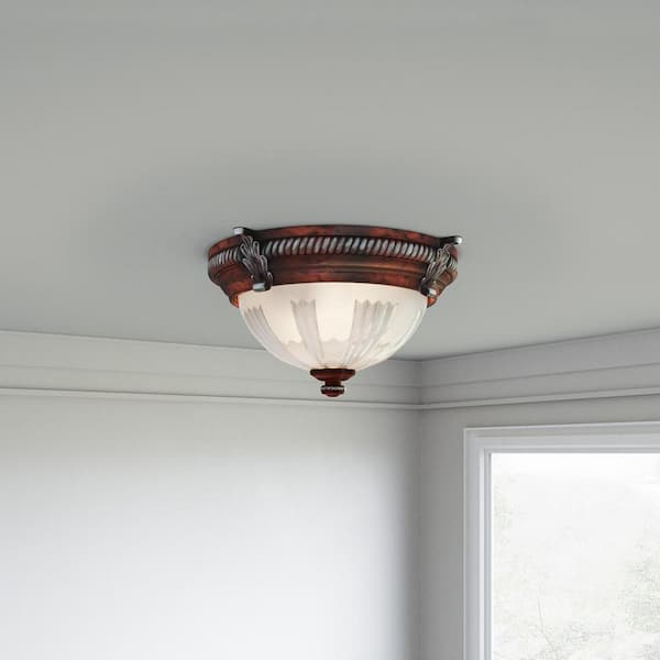 Hampton Bay Bercello Estates 15 in. Traditional 2-Light Volterra Bronze Dimmable Flush Mount Ceiling Light with Etched Glass Shade