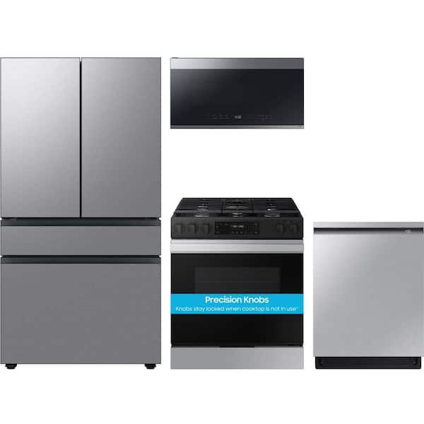 Samsung Bespoke 29 cu. ft. Standard Depth Smart Refrigerator with 5 Burner Smart Slide-In Gas Range and Tall Tub Dishwasher