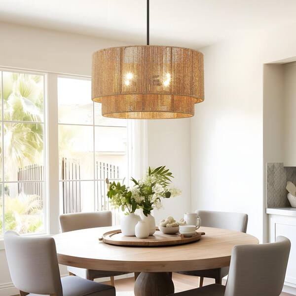 TRUE FINE Bohe 22 In. 4-Light Natural Rattan Tiered Pendant Chandelier Light