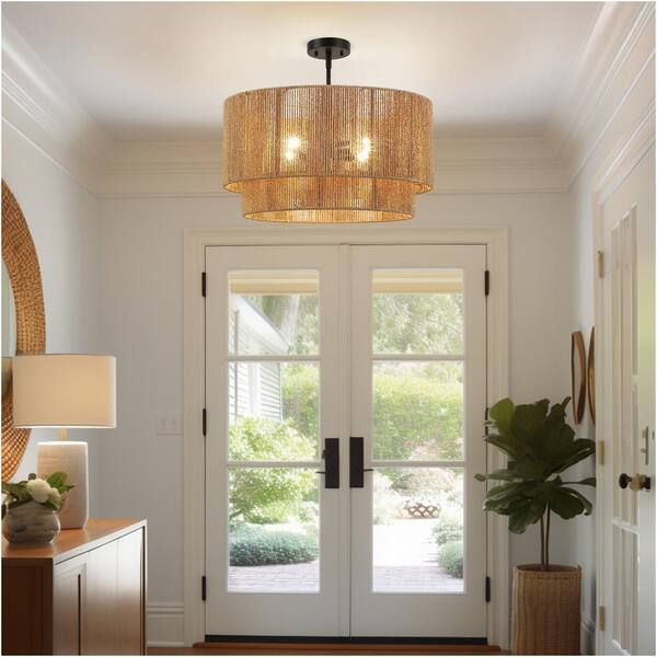 TRUE FINE Bohe 22 In. 4-Light Natural Rattan Tiered Pendant Chandelier Light