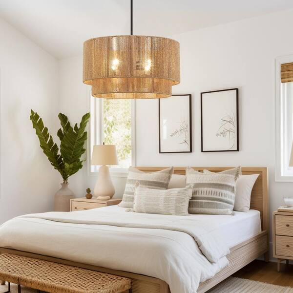 TRUE FINE Bohe 22 In. 4-Light Natural Rattan Tiered Pendant Chandelier Light