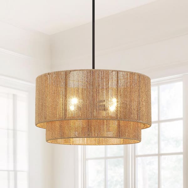 TRUE FINE Bohe 22 in. 4-Light Natural Rattan Tiered Pendant Chandelier Light