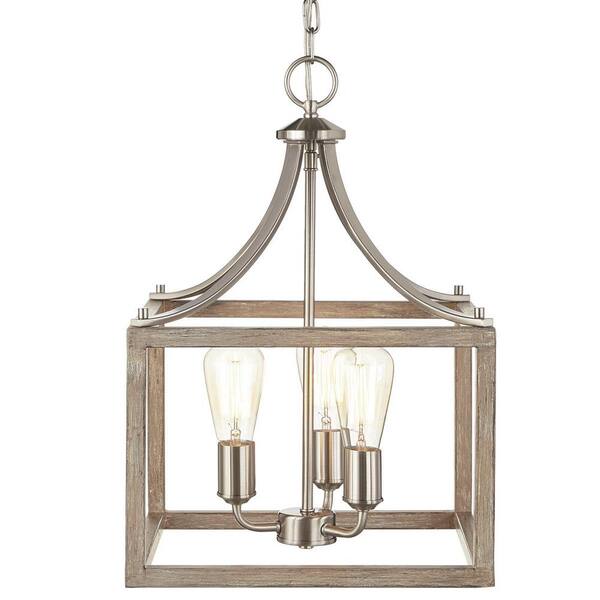 Hampton Bay Boswell Quarter 14 In. 3-Light Brushed Nickel Farmhouse Square Chandelier With Painted Weathered Gray Wood Accents