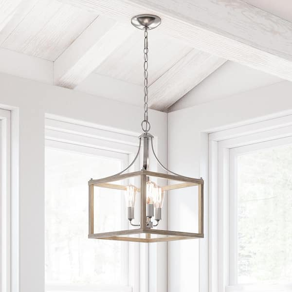 Hampton Bay Boswell Quarter 14 in. 3-Light Brushed Nickel Farmhouse Square Chandelier with Painted Weathered Gray Wood Accents