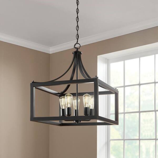 Hampton Bay Boswell Quarter 20 In. 5-Light Distressed Black Farmhouse Pendant For Kitchen Or Entryway