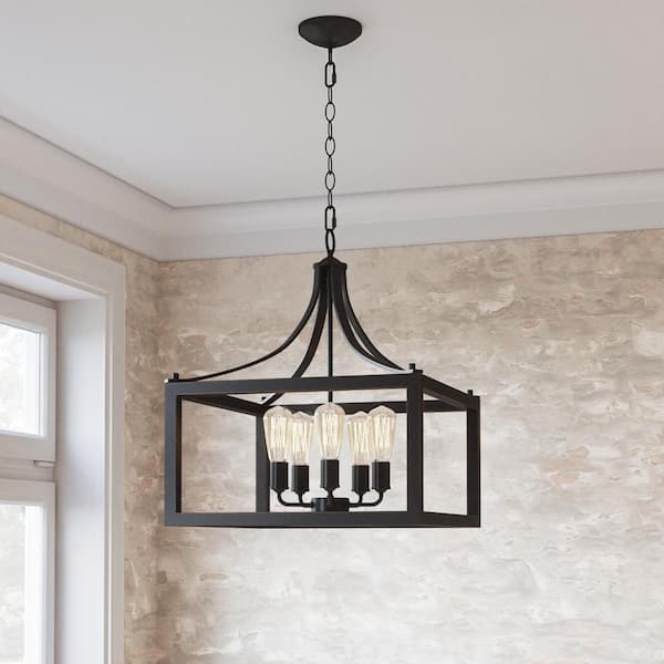 Hampton Bay Boswell Quarter 20 in. 5-Light Distressed Black Farmhouse Pendant for Kitchen or Entryway