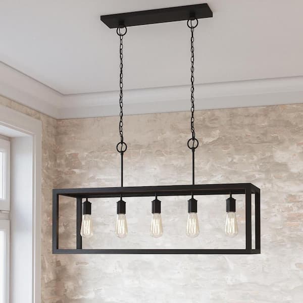 Hampton Bay Boswell Quarter 5-Light Black Industrial Linear Island Hanging Chandelier for Kitchen Islands and Dining