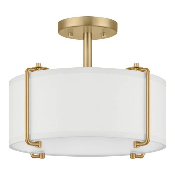 Home Decorators Collection Brookley 14 In. 2-Light Brushed Gold Semi-Flush Mount With White Fabric Shade