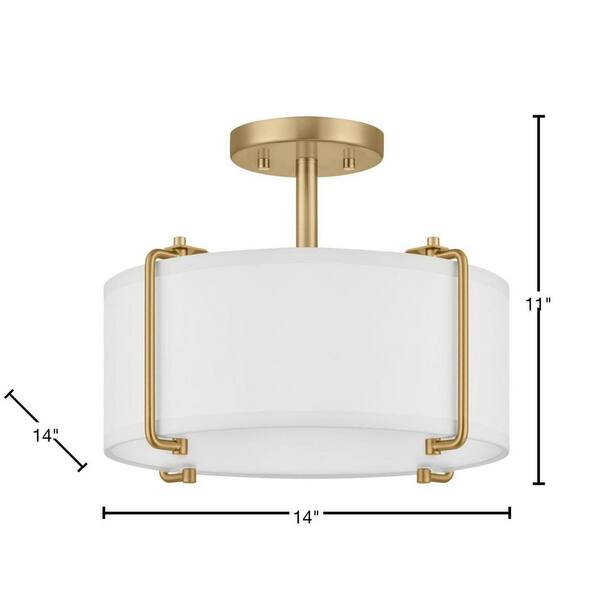Home Decorators Collection Brookley 14 In. 2-Light Brushed Gold Semi-Flush Mount With White Fabric Shade