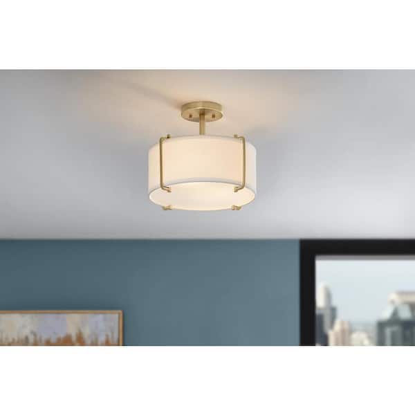 Home Decorators Collection Brookley 14 in. 2-Light Brushed Gold Semi-Flush Mount with White Fabric Shade