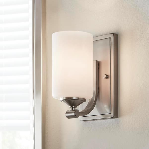 Hampton Bay Darlington 4.5 in. 1-Light Brushed Nickel Transitional Wall Sconce with Frosted Opal Glass Shade