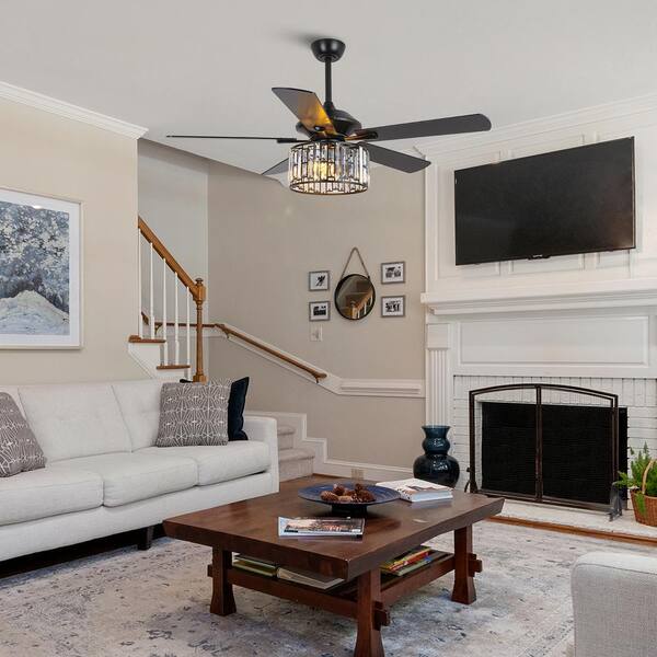 Parrot Uncle Dicken 52 In. Modern Indoor 5-Blade Downrod Mount Black Crystal Ceiling Fan With Light Kit And Remote Control