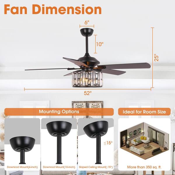 Parrot Uncle Dicken 52 In. Modern Indoor 5-Blade Downrod Mount Black Crystal Ceiling Fan With Light Kit And Remote Control