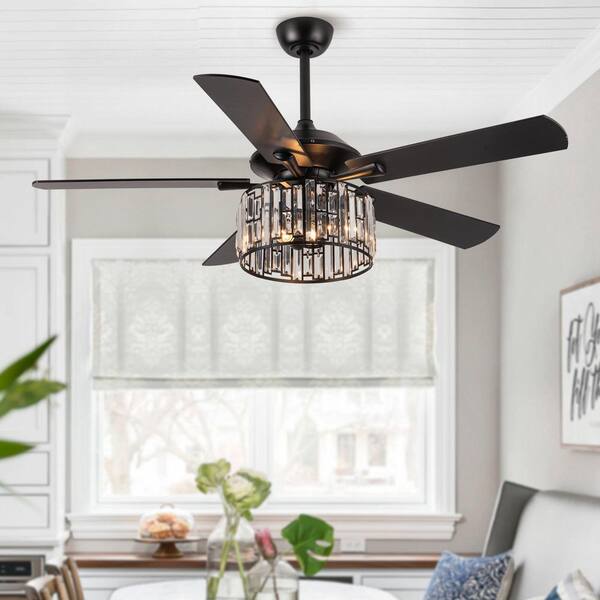 Parrot Uncle Dicken 52 In. Modern Indoor 5-Blade Downrod Mount Black Crystal Ceiling Fan With Light Kit And Remote Control