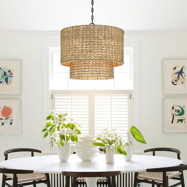 TRUE FINE Elis 20 In. 4-Light Natural Rattan Traditional Drum Pendant Light Black Canopy