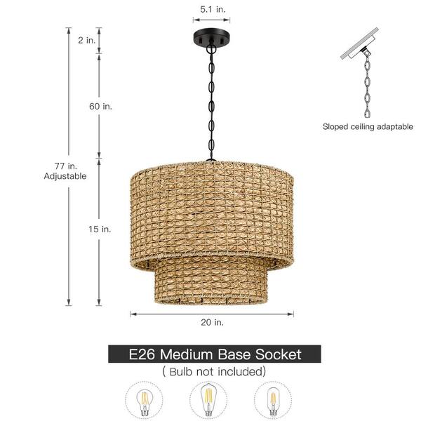 TRUE FINE Elis 20 In. 4-Light Natural Rattan Traditional Drum Pendant Light Black Canopy