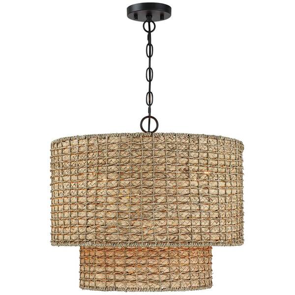 TRUE FINE Elis 20 In. 4-Light Natural Rattan Traditional Drum Pendant Light Black Canopy
