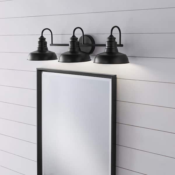 Hampton Bay Elmcroft 29 in. 3-Light Matte Black Vanity Light with Metal Shades