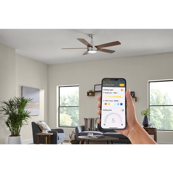 Hampton Bay Fanelee 54 In. White Color Changing LED Brushed Nickel Smart Ceiling Fan With Light Kit And Remote Powered By Hubspace