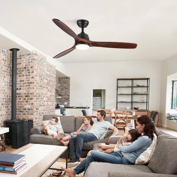 YUHAO Farmhouse 52 In. Integrated LED Indoor Matte Black Ceiling Fan With Remote Control DC Motor And 3 Solid Wood Blades