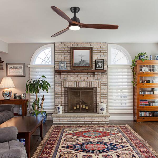 YUHAO Farmhouse 52 In. Integrated LED Indoor Matte Black Ceiling Fan With Remote Control DC Motor And 3 Solid Wood Blades